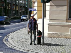 Warten mit dem Blindenf&uuml;hrhund an der Ampel