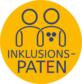 gelber Kreis mit zwei schemenhaften Figuren - ein Bilder gekennzeichnet durch drei Punkte und dem Begleitdienst und dem Schriftzug Inklusionspaten