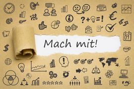 Text "Mach mit!" umrahmt von Symbole f&uuml;r ehrenamtliches Engagement