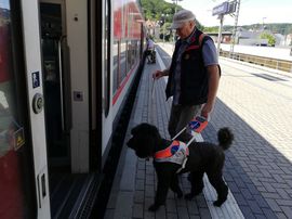Fahrgast mit Blindenf&uuml;hrhund steigen in den Zug