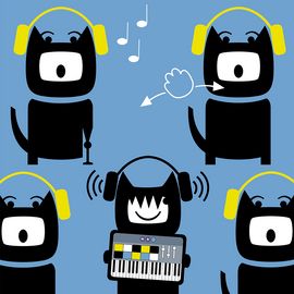 Grafik zum Chor: 5 kleine Figuren tragen Kopfhörer. Eine spielt ein kleines Keyboard, eine scheint zu singen. Eine dritte Figur nutzt dafür die Hände.