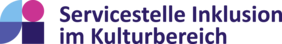 Logo der Servicestelle Inklusion im Kulturbereich in blauer Schrift und geometrischen Symbolen