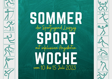 Das Logo der SommerSportWoche in Leipzig. In einem grünen Viereck steht in weißer Schreit "Sommer Sport Woche". Links und rechts von dem grünen Viereck sind Strichmännchen zu sehen, die verschiedene Sportarten ausüben.