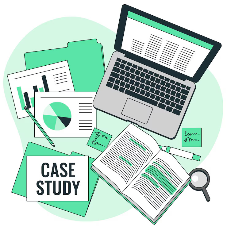 Auf einem wei&szlig;en Hintergrund sind comicartig ein Laptops, ein Buch und mehrere Bl&auml;tter mit Schrift und Diagrammen zu sehen. Auf dem wei&szlig;en Blatt unten links steht "Case Study"